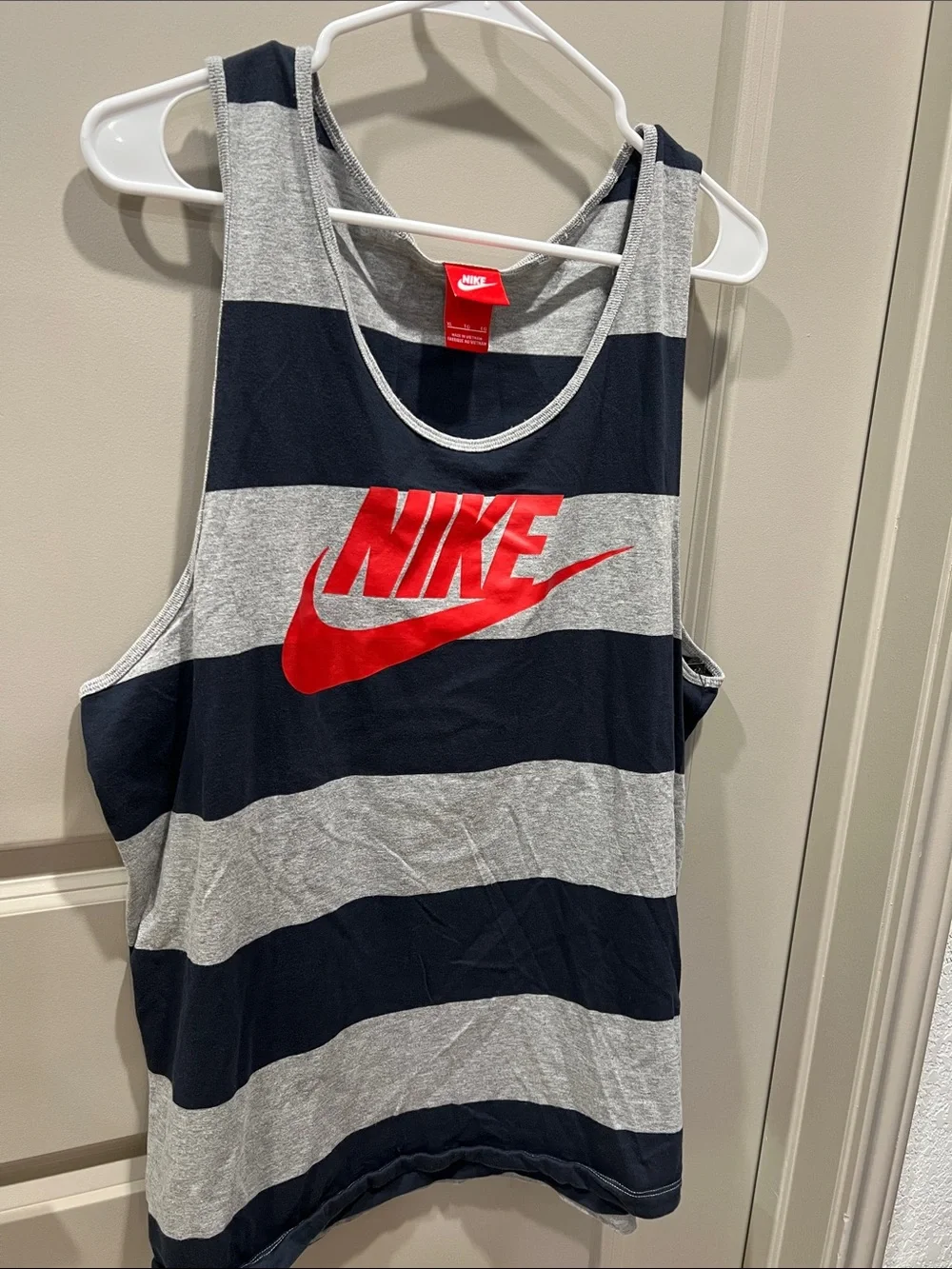 Nike Navy Blue and Gray Striped Tank with Red Logo 100% Cotton